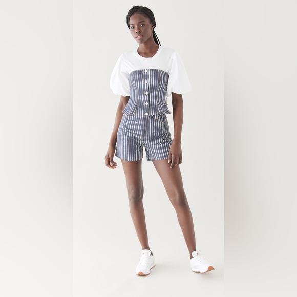❌SOLD❌NWOT Ganni Mixed Stripe Dark Indigo Denim Buster Top & Shorts Set💙🤍💙 - Picture 2 of 16